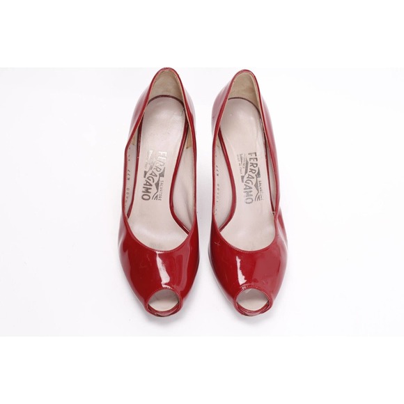 Salvatore Ferragamo Burgundy Patent Leather Peep Toe Wedge Pumps 6.5 B (fits 7) - Picture 4 of 11